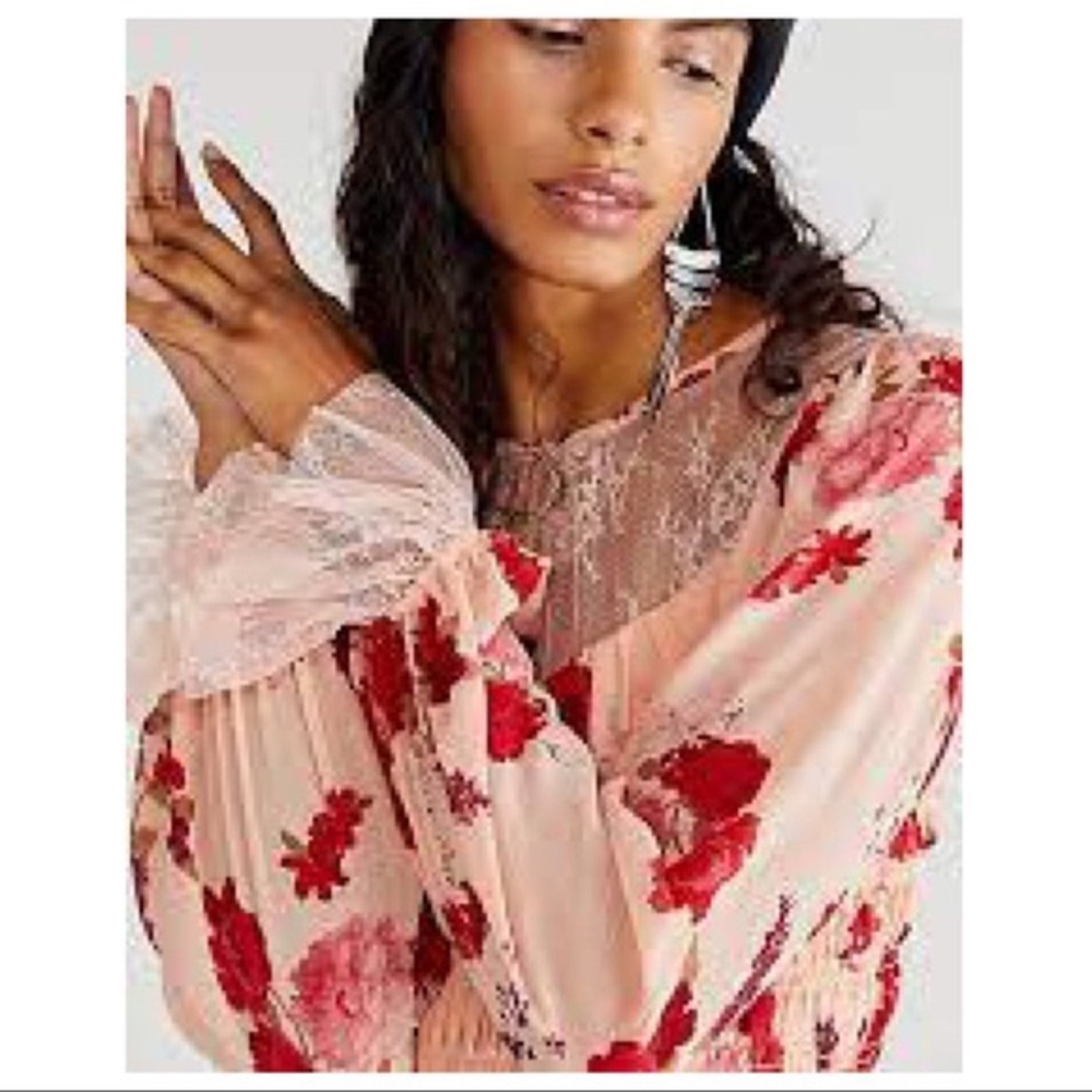 FREE PEOPLE BOHO BLOUSE FLORAL FESTIVAL PRINT LONG SLEEVES CROP TOP A3C - Picture 6 of 9